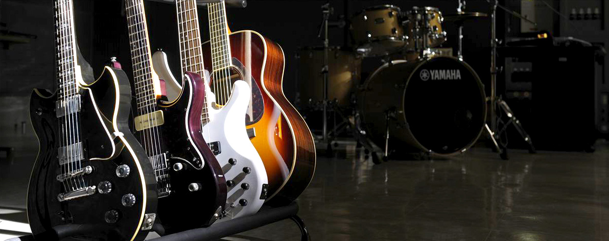 Photo of a selection of guitars on a guitar stand